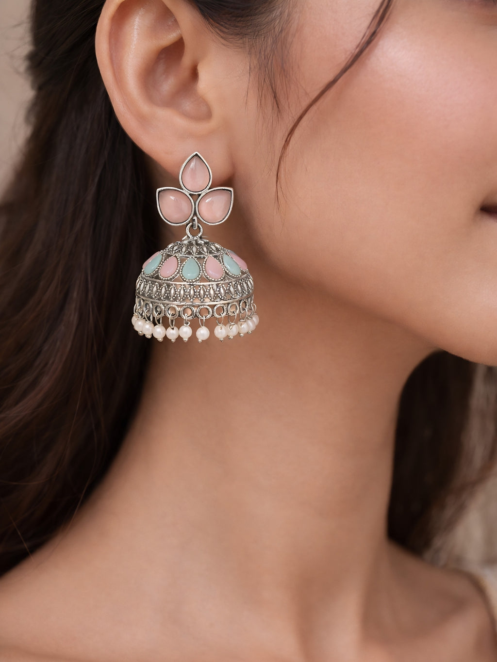 Pink Turquoise Jhumka Silver Finish Earrings