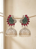 Peacock Jhumka Earrings — Red & Green Stone, Silver Finish