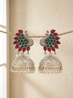 Peacock Jhumka Earrings — Red & Green Stone, Silver Finish