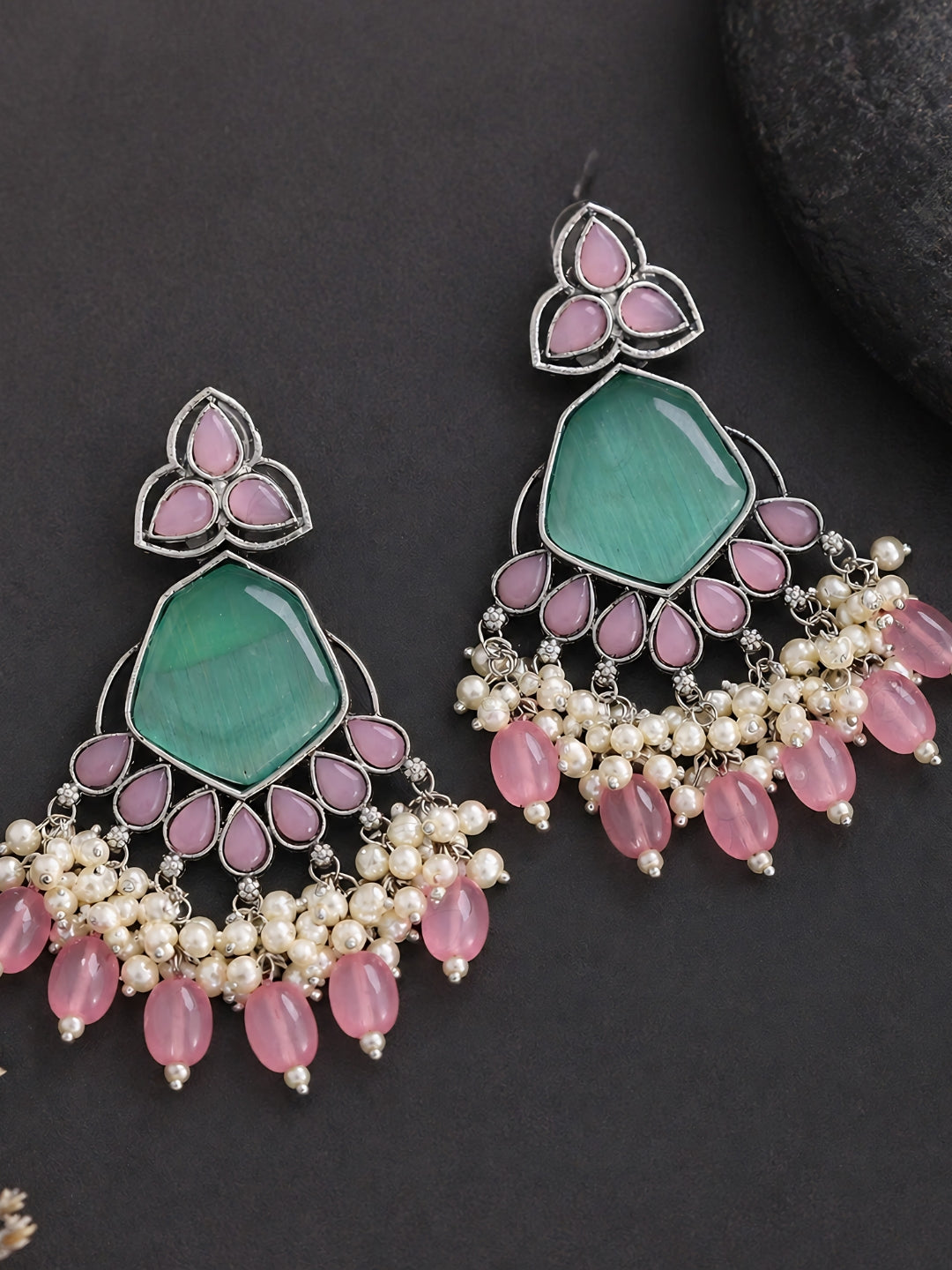 Pink & Turquoise Chandelier Earrings Silver Finish
