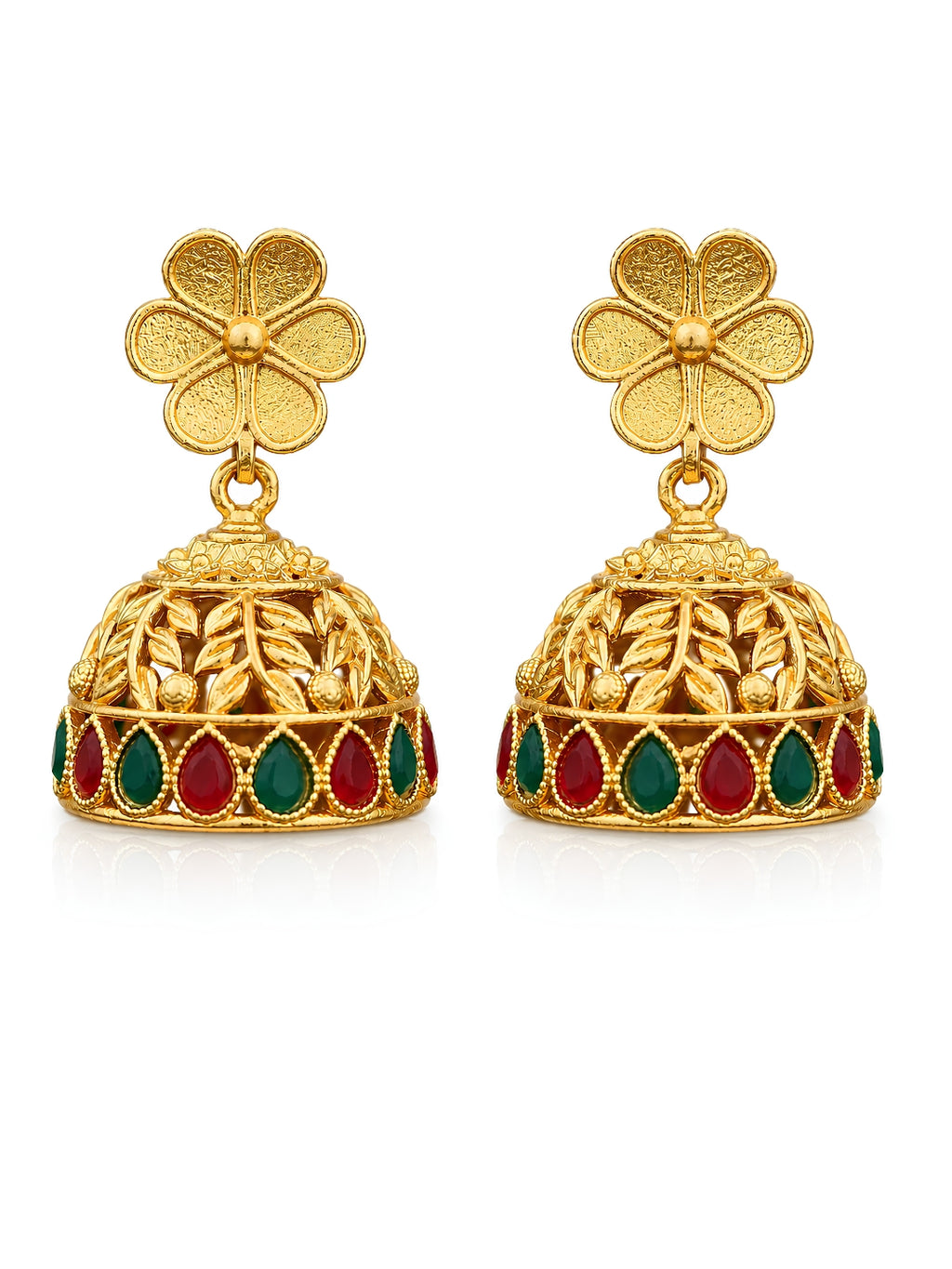 Gold earrings with floral designs and red and green gemstones on a white background