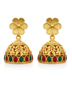 Gold earrings with floral designs and red and green gemstones on a white background