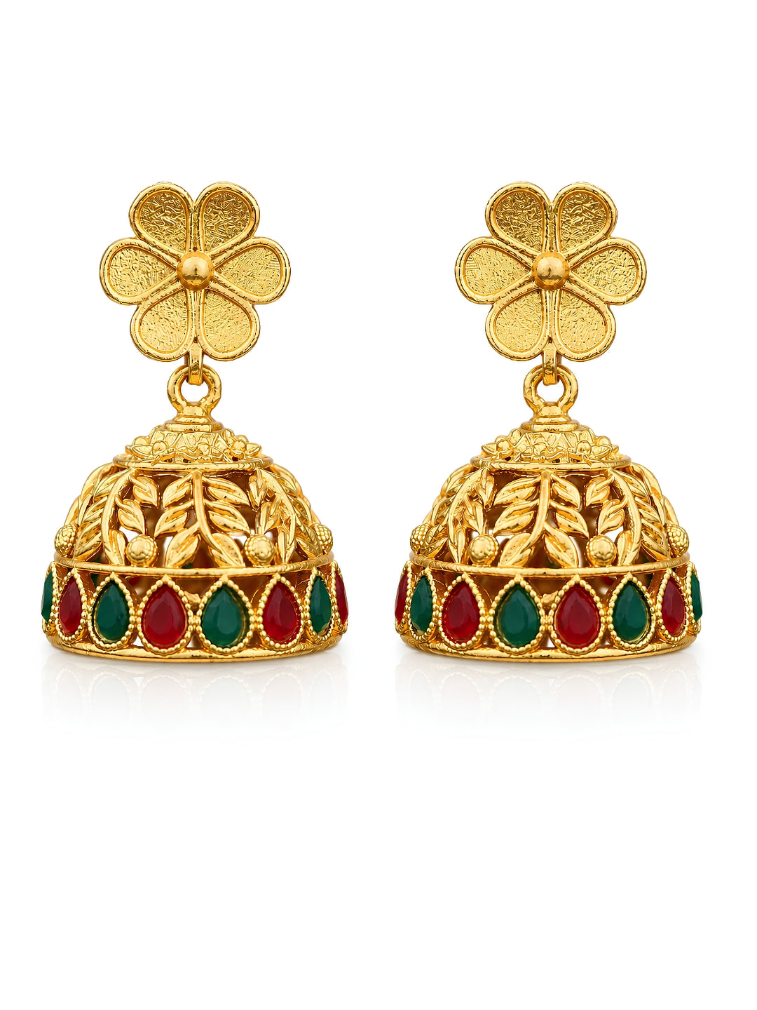 Gold earrings with floral designs and red and green gemstones on a white background