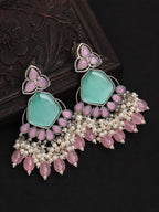 Pink & Turquoise Chandelier Earrings Silver Finish
