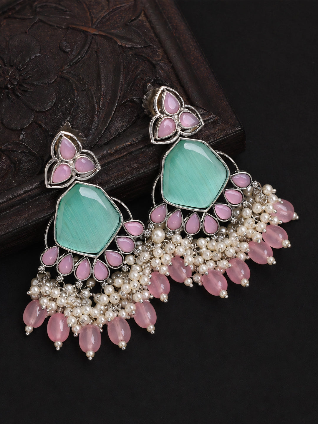 Pink & Turquoise Chandelier Earrings Silver Finish