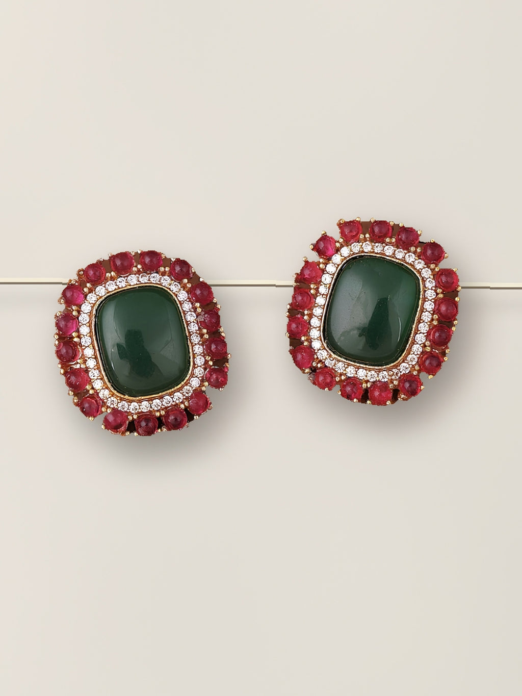 Red Green Stone Gold finish Stud Earrings