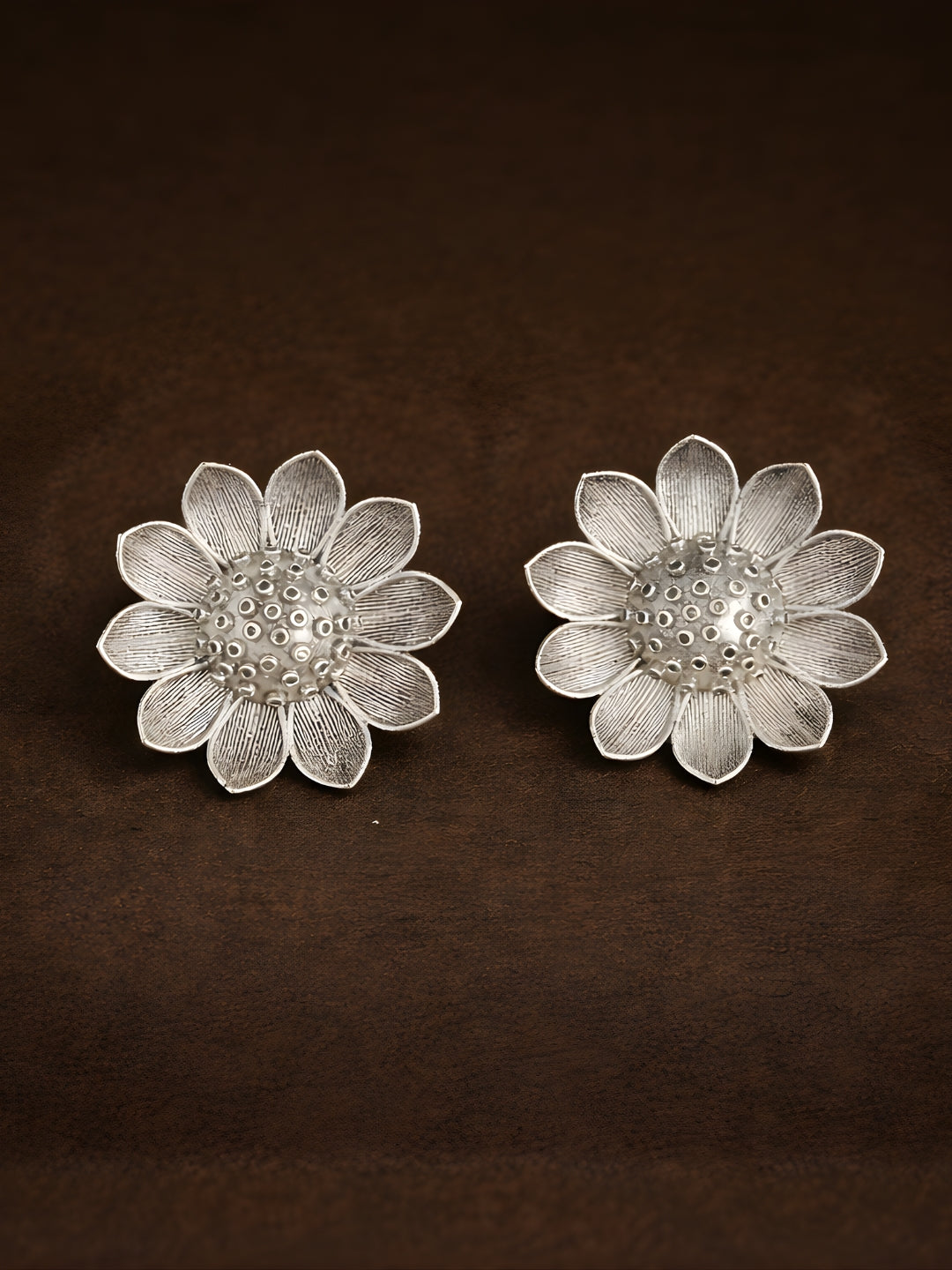 Silver finish Floral Textured Stud Earrings