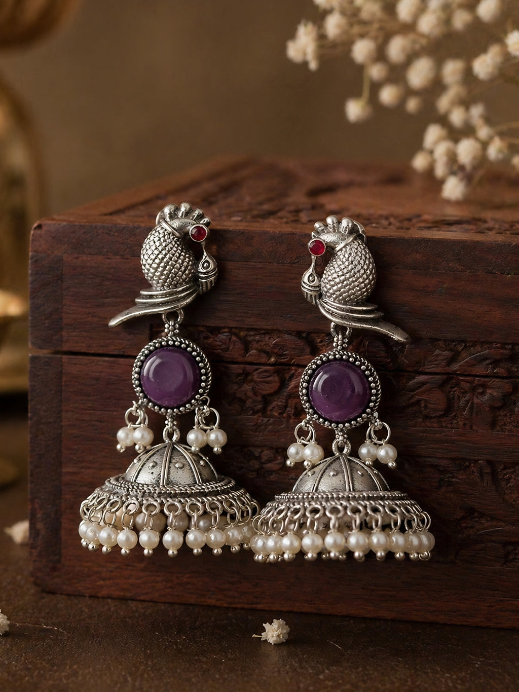 Peacock Purple Stone Silver-Finish Jhumka