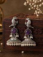Peacock Purple Stone Silver-Finish Jhumka