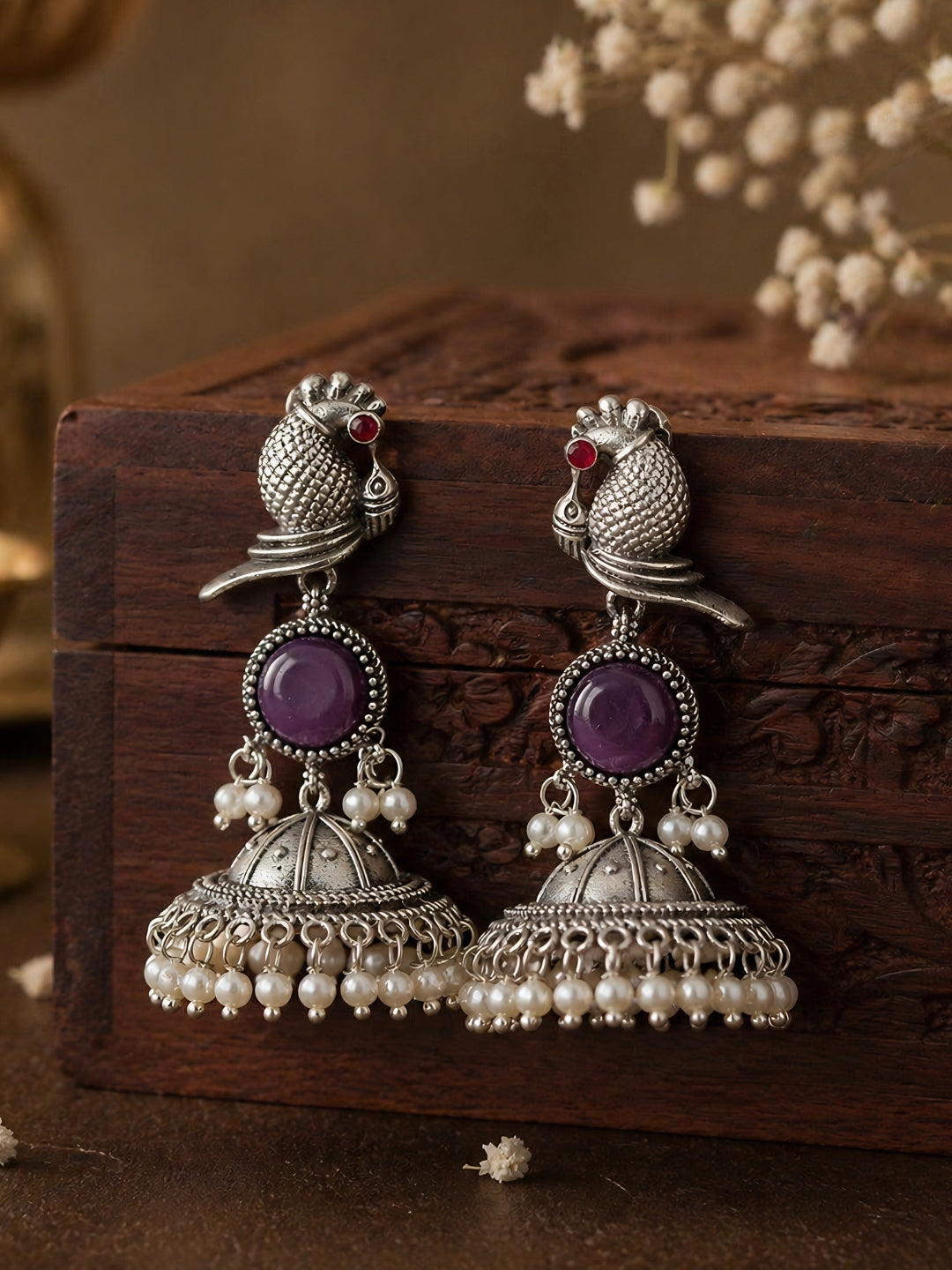 Peacock Purple Stone Silver-Finish Jhumka
