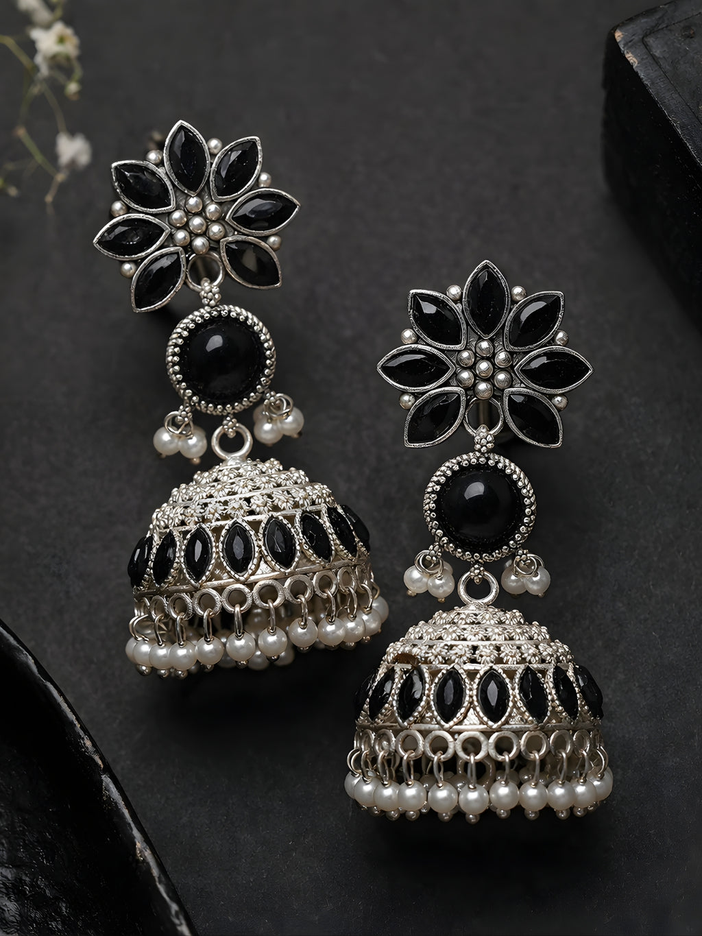 Silver Tone finish Black Floral Pearl Jhumki Earrings