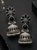 Silver Tone finish Black Floral Pearl Jhumki Earrings