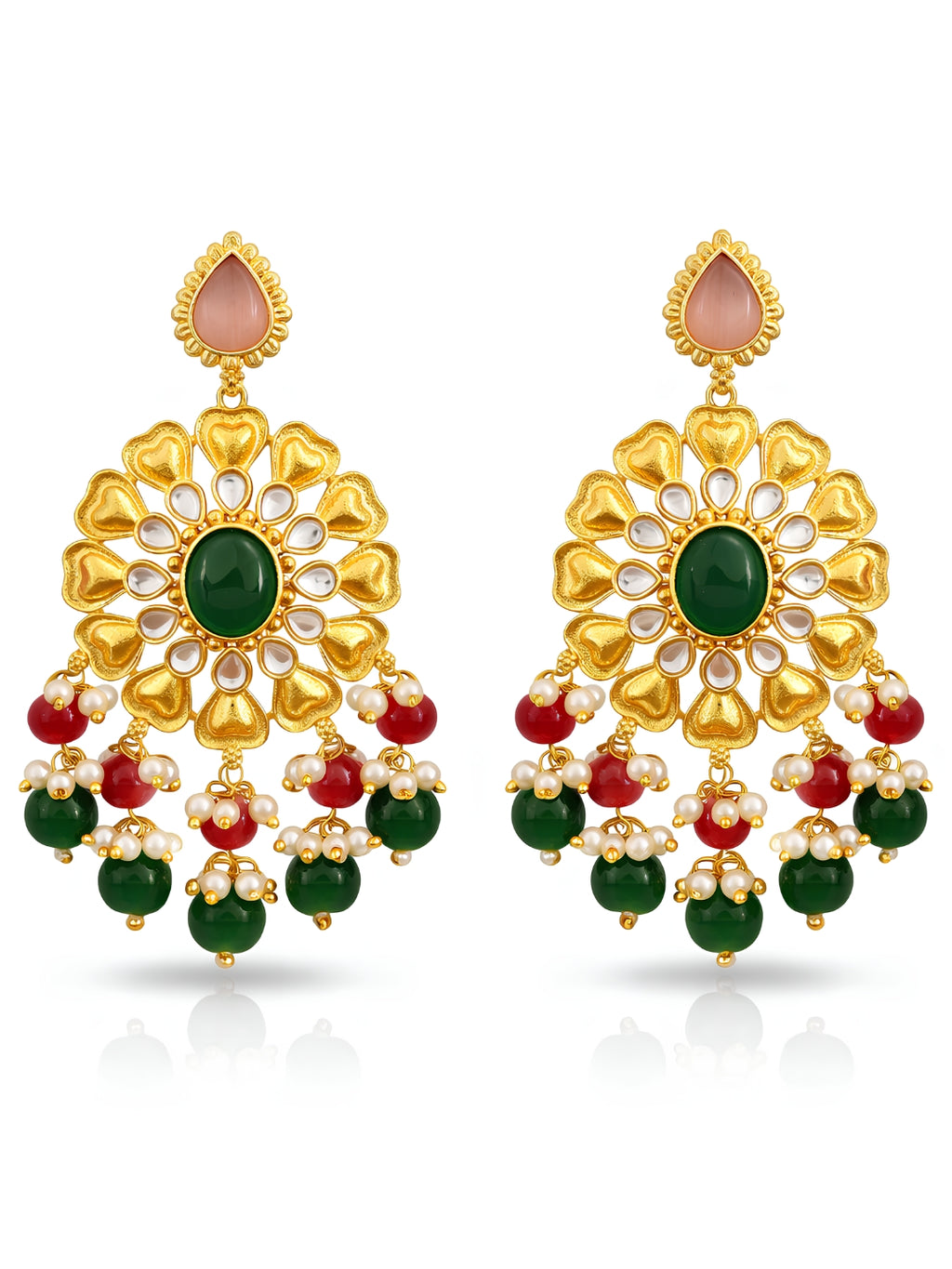 Gold Finish Green Red Floral Dangler Earrings