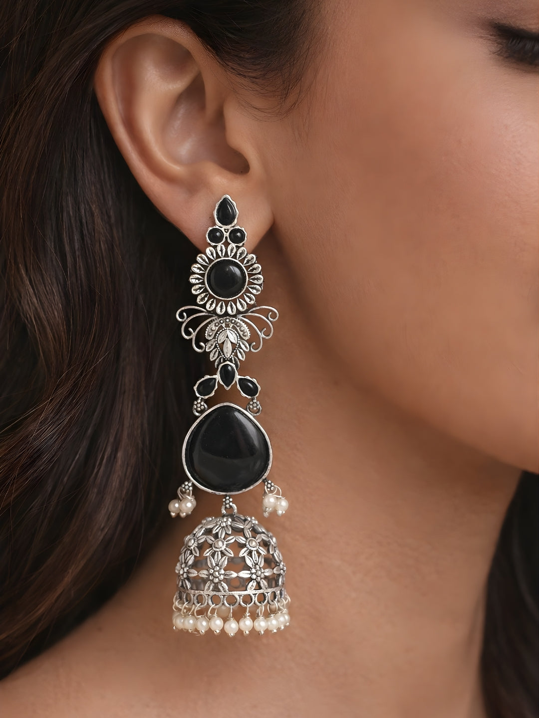 Silver tone finish Black Stone Layered Jhumki Dangler