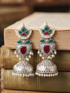 Red & Green Stone Jhumki Earrings — Carved Silver Finish