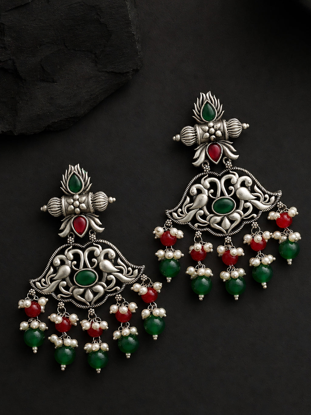 Silver Finish Mayurika Red Green Jhumki Earrings