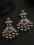 Silver Finish Mayurika Red Green Jhumki Earrings
