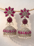 Ruby Floral Jhumki Earrings — Silver Finish