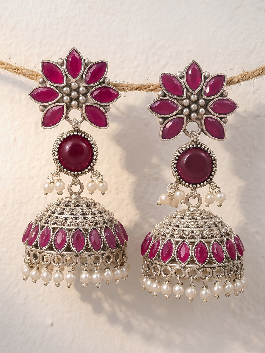 Ruby Floral Jhumki Earrings — Silver Finish