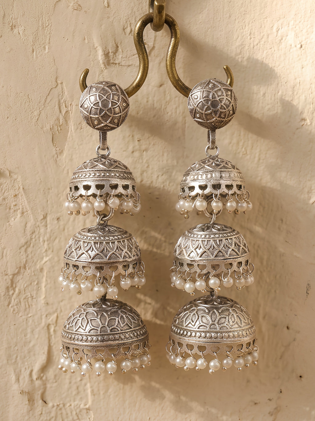 Vintage Layered Jhumki Earrings — Oxidised Silver Finish