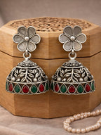 Silver Tone Floral Red Green Jhumka Earrings