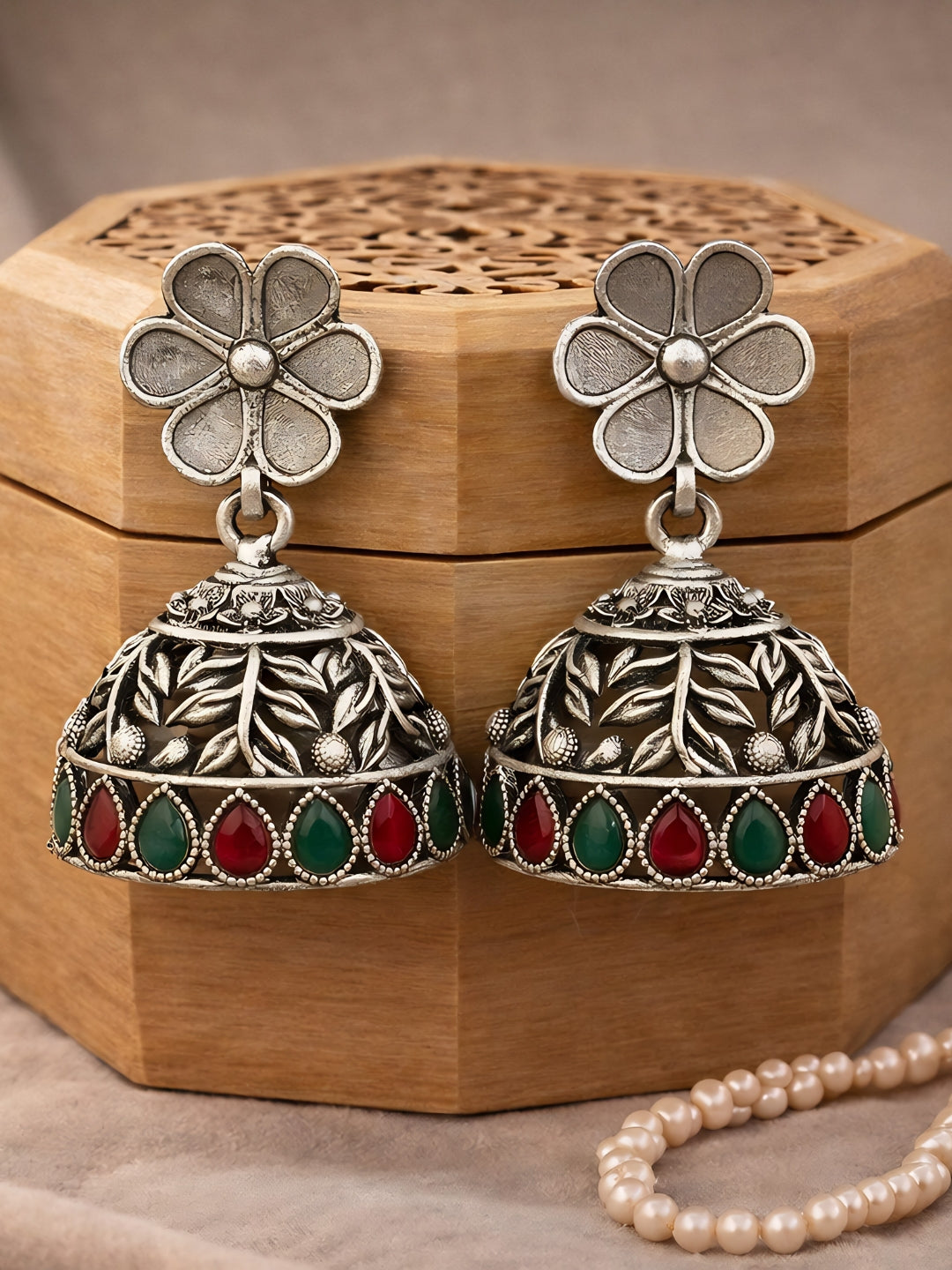 Silver Tone Floral Red Green Jhumka Earrings