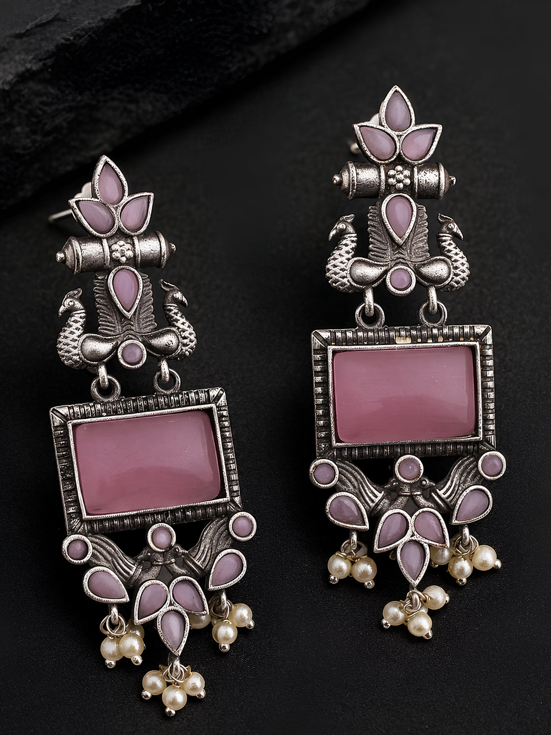 Pink Stone Silver tone finish Ethnic Jhumki Earrings