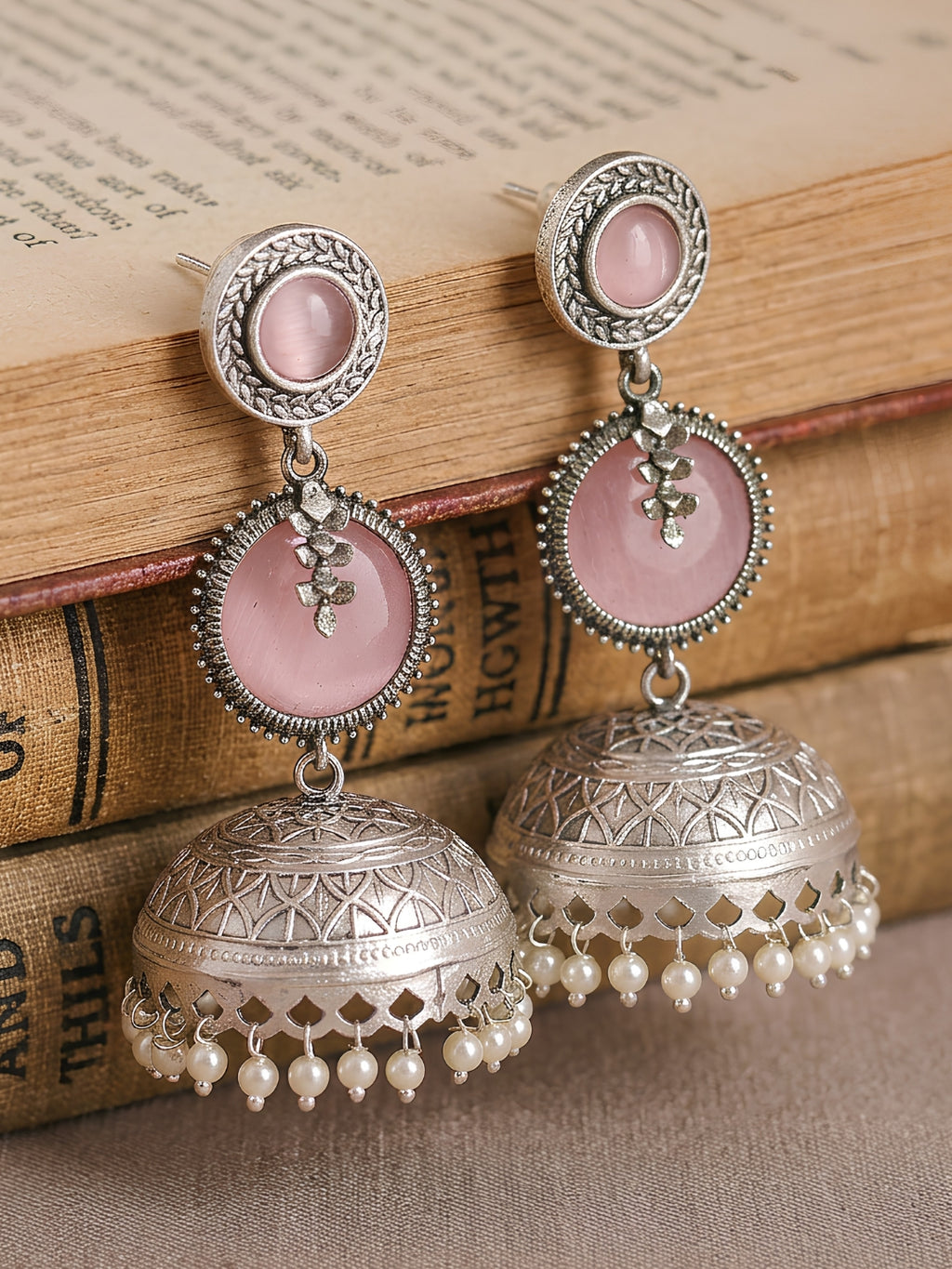 Pink Dome Pearl Drop Jhumka Earrings — Silver Finish