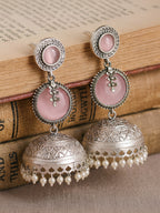 Pink Dome Pearl Drop Jhumka Earrings — Silver Finish
