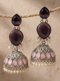 Purple & Pink Stone Jhumka Earrings — Silver Finish