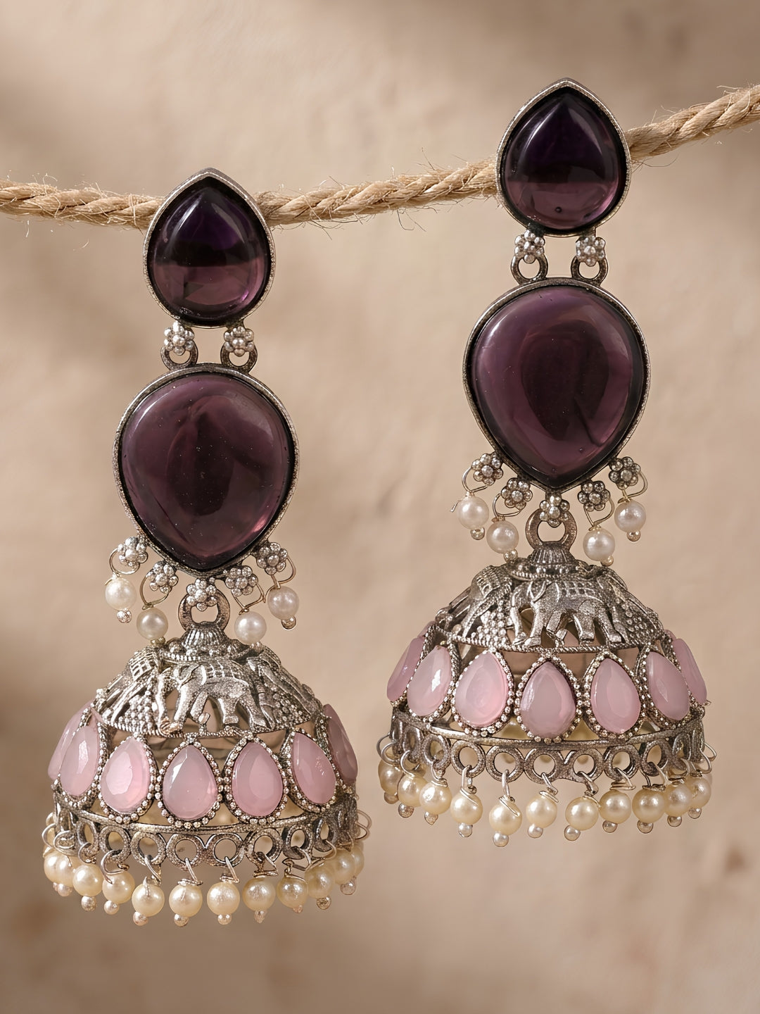 Purple & Pink Stone Jhumka Earrings — Silver Finish
