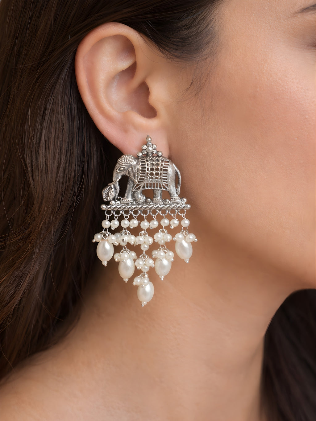 Oxidised Silver Elephant Pearl Cluster Dangler Earrings