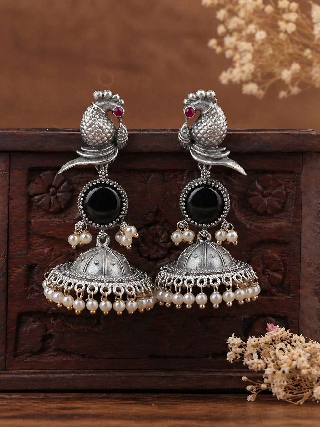 Peacock Black Stone Silver-Finish Jhumka