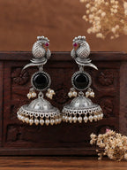 Peacock Black Stone Silver-Finish Jhumka
