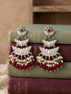 Lotus Pearl Drop Earrings — Red Beads & Silver Finish