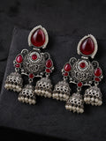 Silver Tone Red Stone Jhumka Dangler Earrings