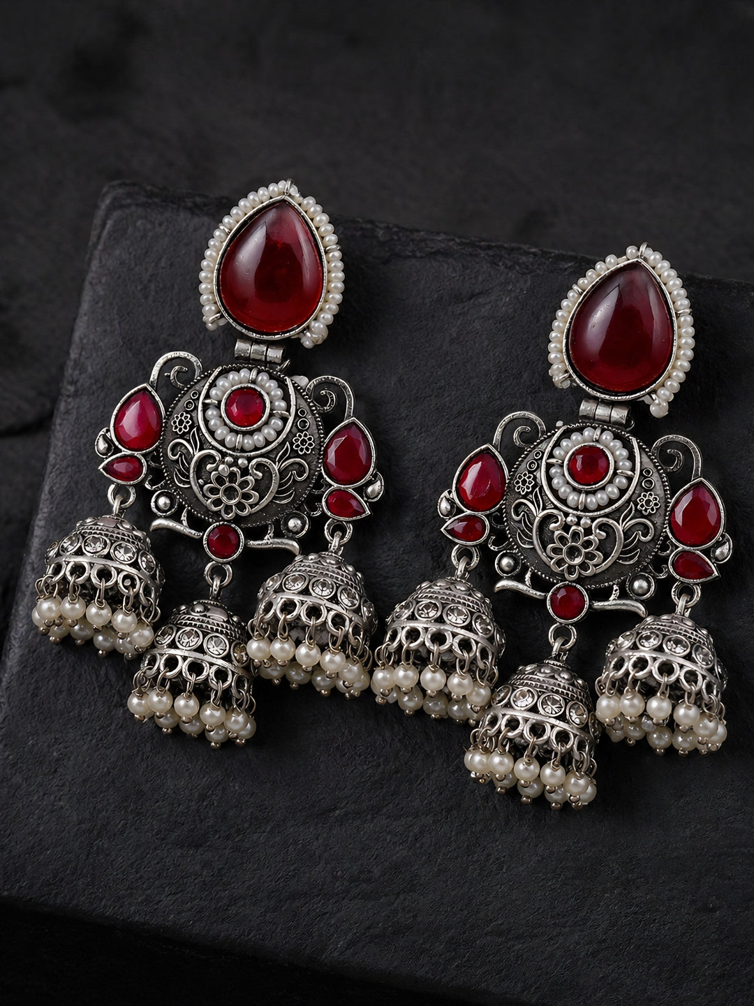 Silver Tone Red Stone Jhumka Dangler Earrings