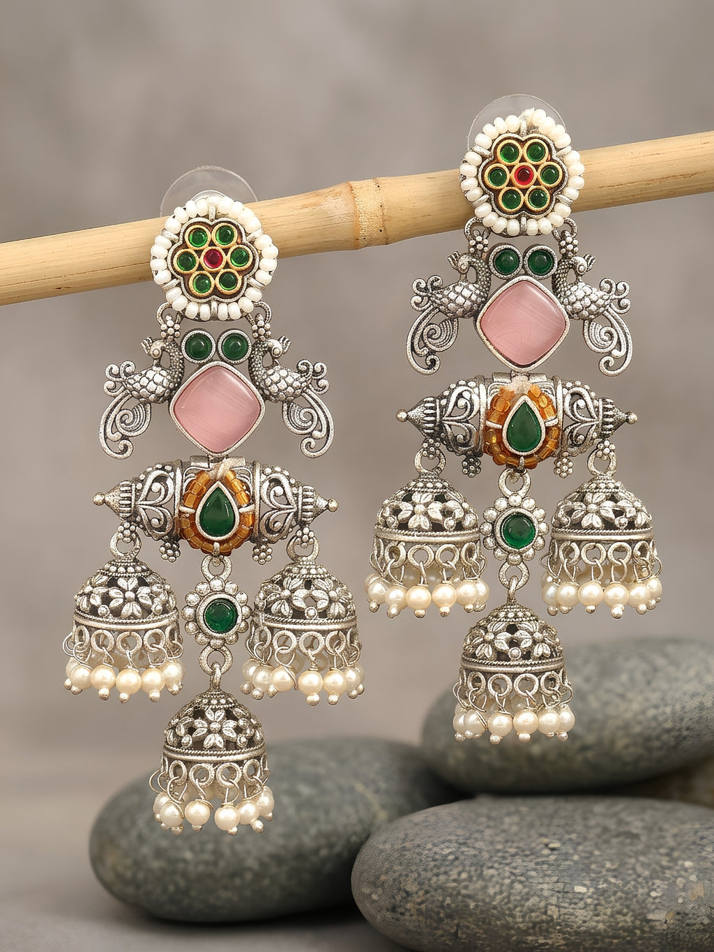 Silver finish Green & Pink Jhumka Earring Combo