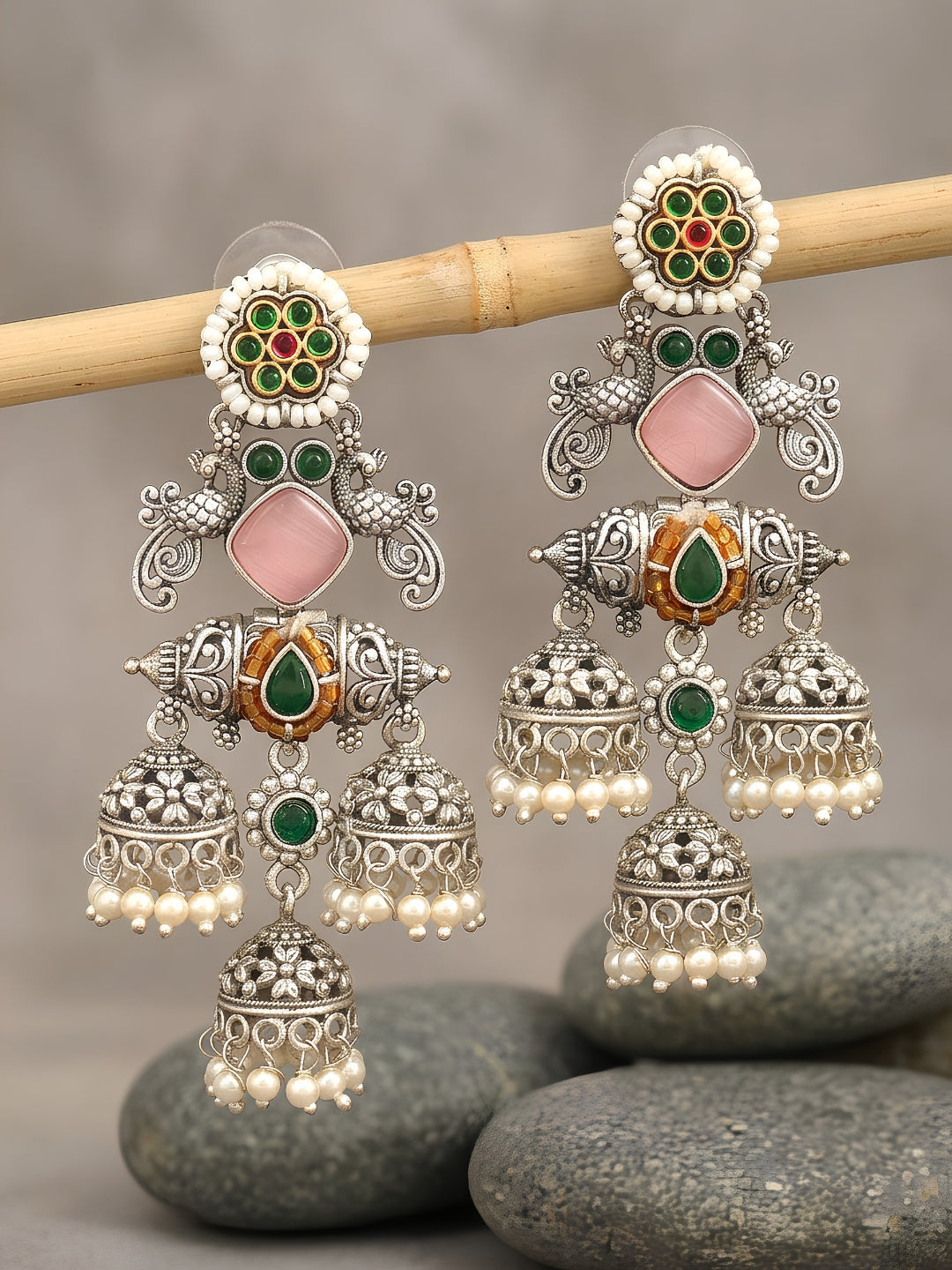 Silver finish Green & Pink Jhumka Earring Combo