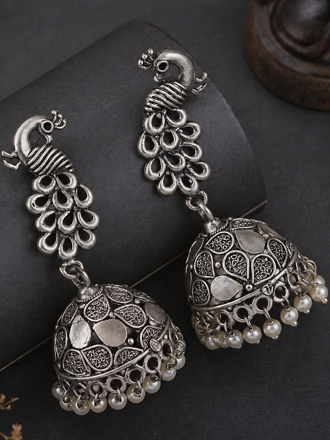 Peacock Pearl Silver tone Jhumka Earrings