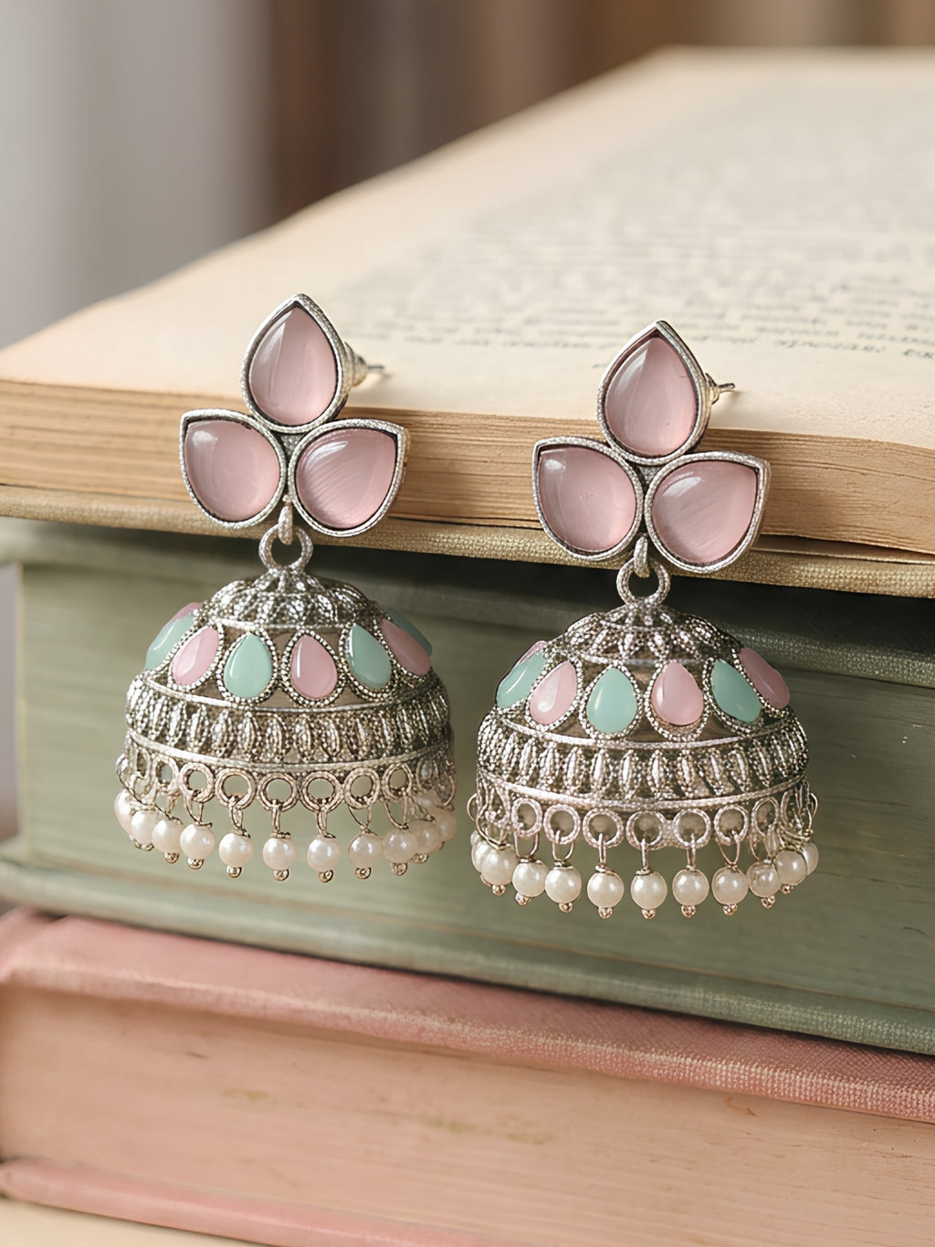 Pastel Floral Chandbali & Jhumka Earrings Combo