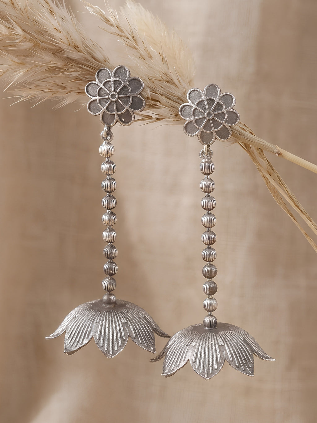 Floral Drop Jhumki Earrings — Silver Tone