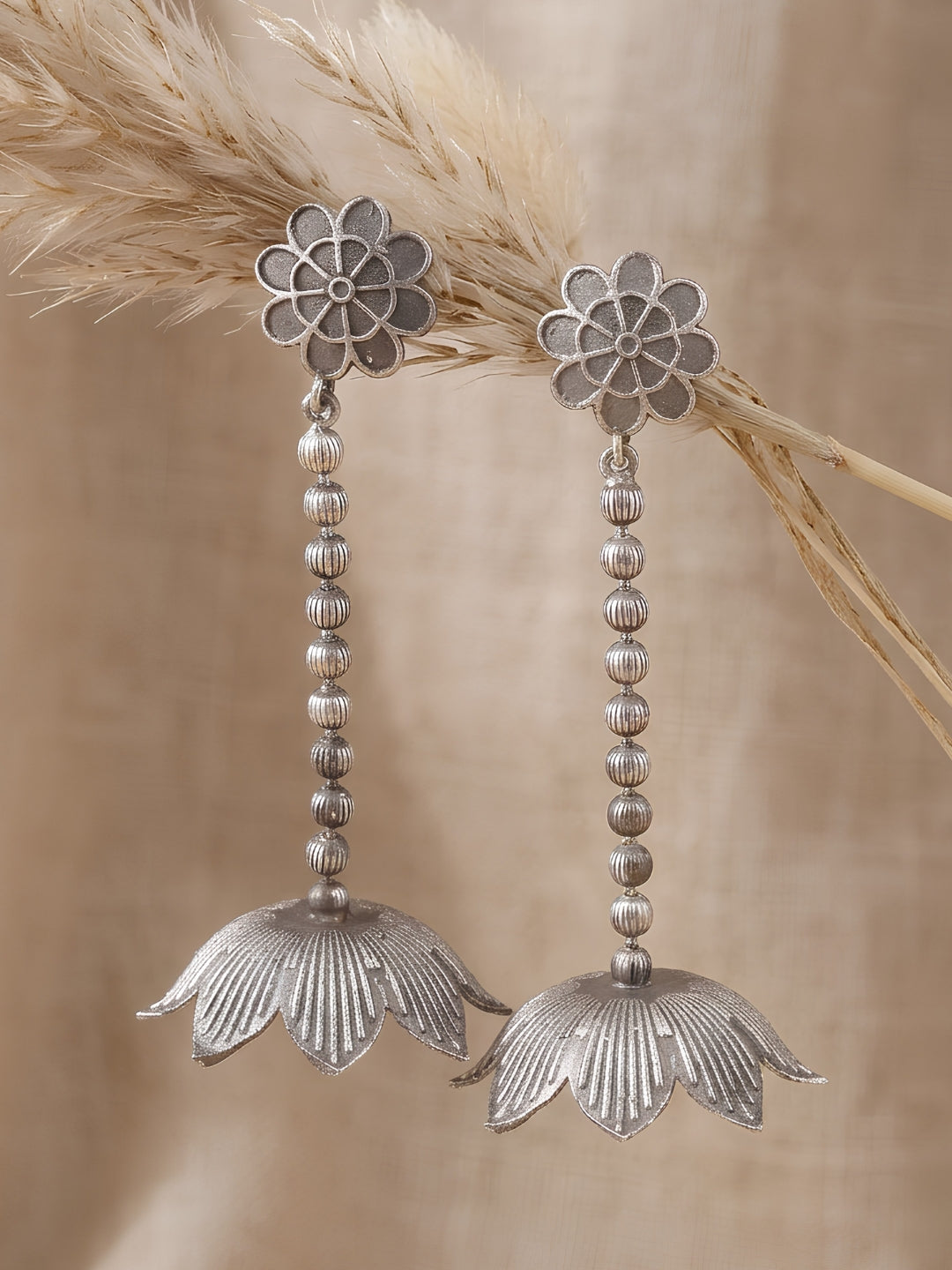 Floral Drop Jhumki Earrings — Silver Tone