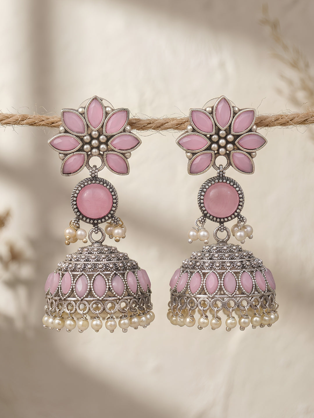 Pink Green Floral Silver finish Earring Combo
