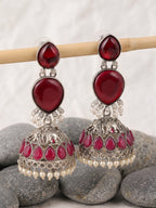 Red Stone Jhumki Earrings — Silver Tone