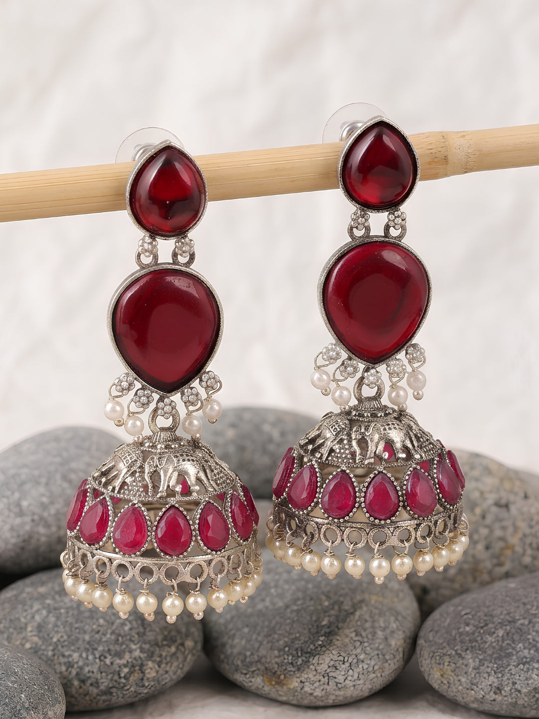 Red Stone Jhumki Earrings — Silver Tone
