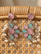 Floral Pearl Drop Dangler Earrings — Pink & Turquoise, Silver Finish