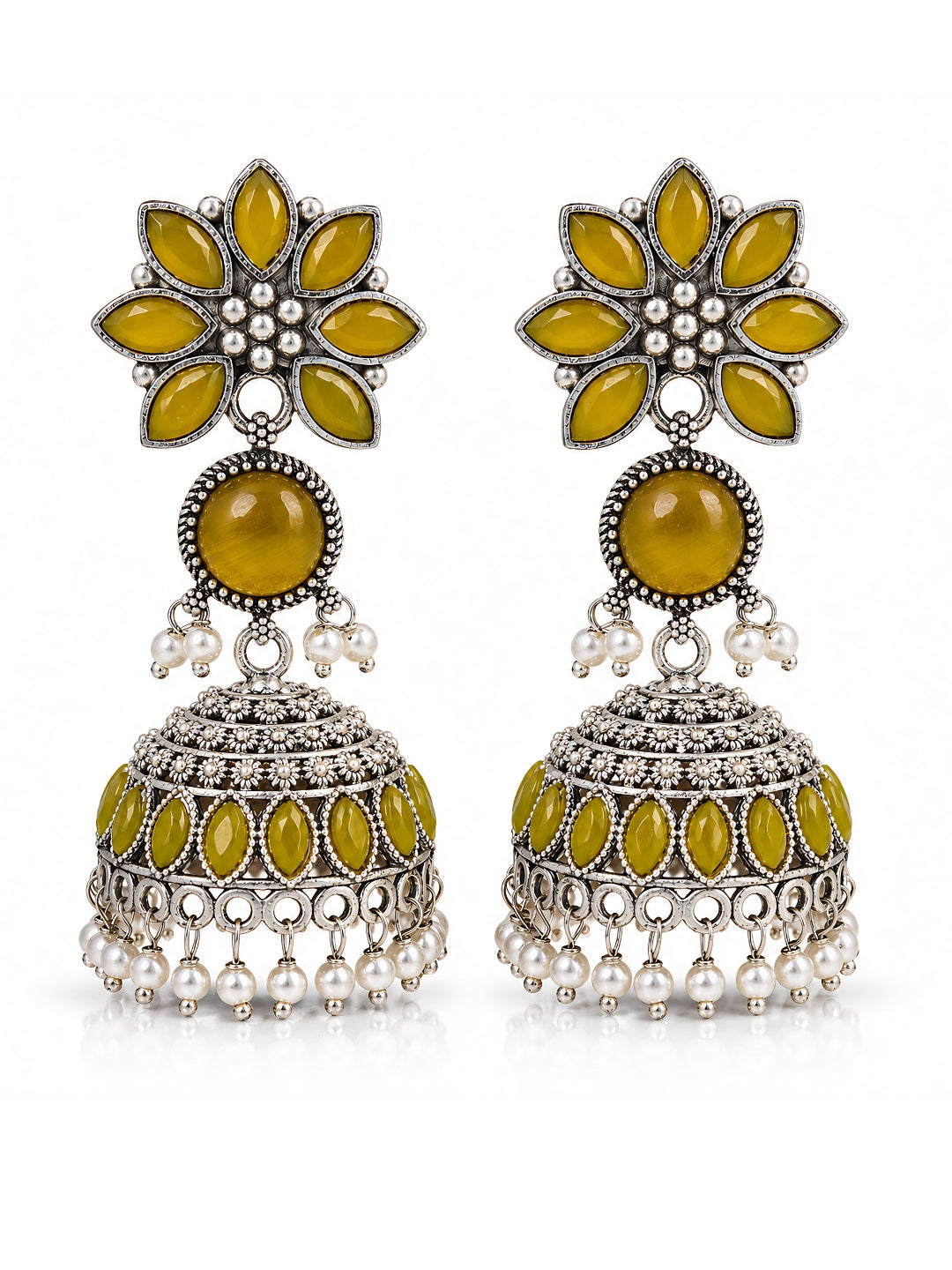 Yellow Floral Silver finish Jhumki Earrings