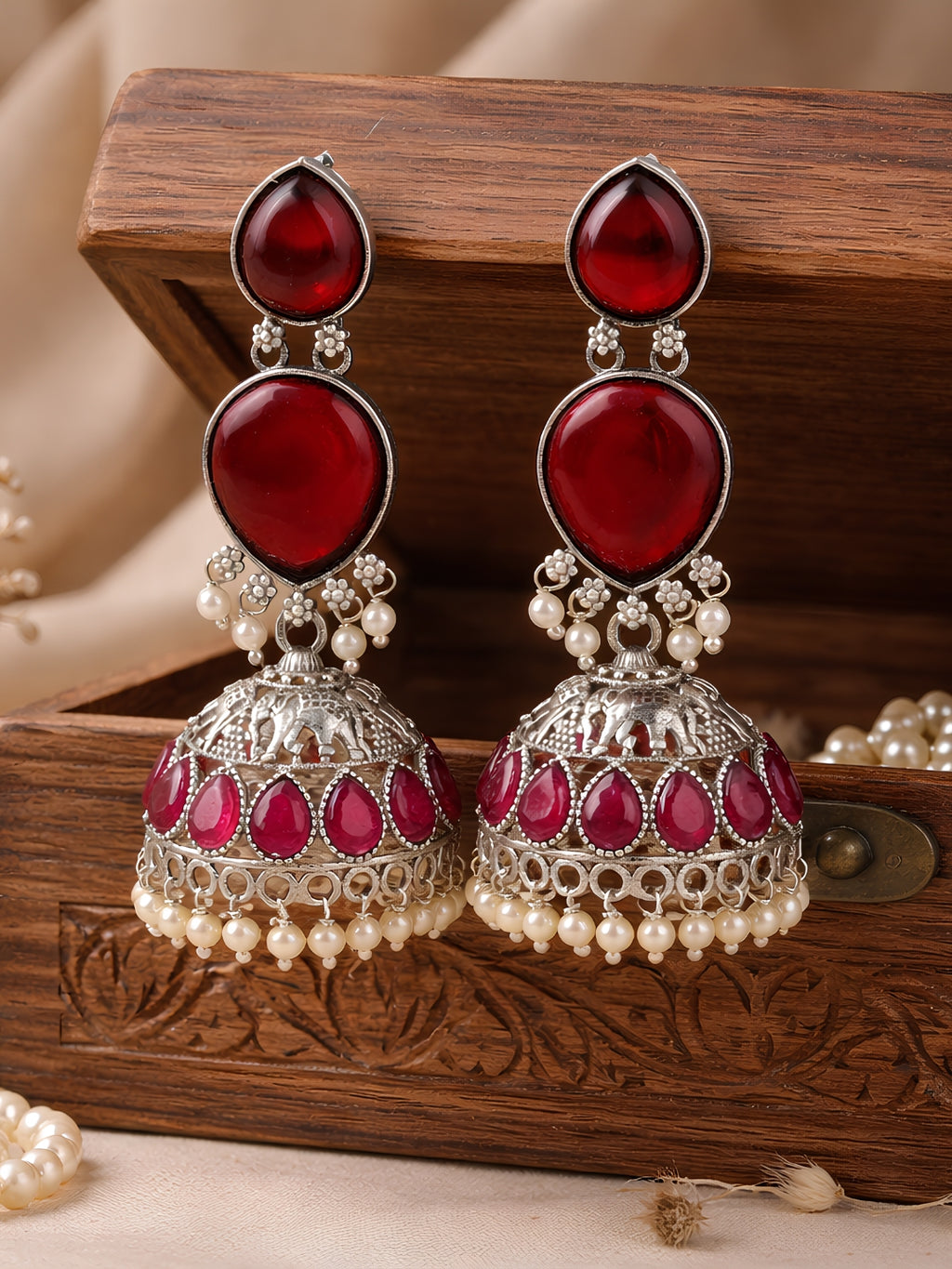 Red Stone Silver Tone Jhumki Earrings