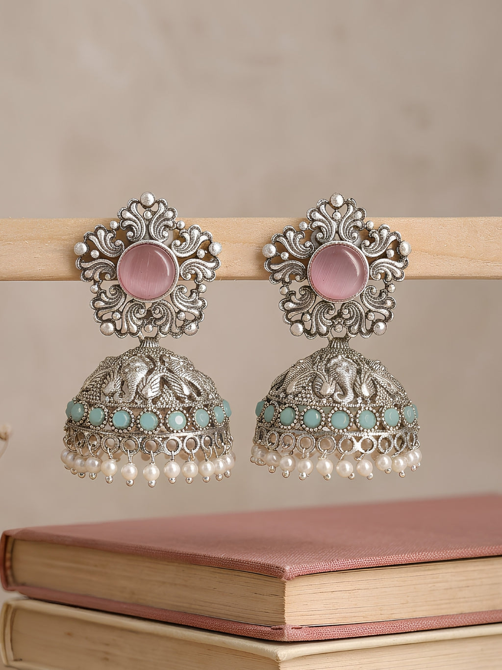 Pink Turquoise Silver-Plated Jhumki Earrings